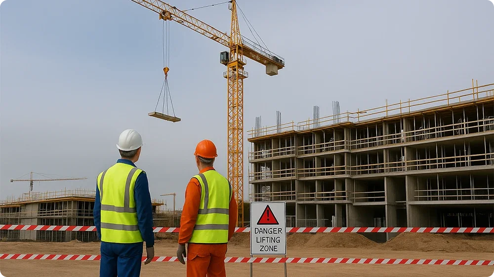 Two construction workers in PPE are observing a tower crane lifting a concrete slab on an active UK building site, with a visible Danger Lifting Zone sign and scaffolding in the background