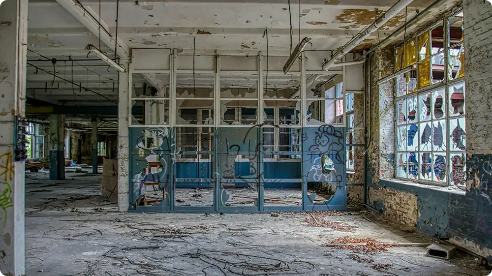 Interior of a derelict industrial building with crumbling walls, broken windows, exposed wiring, and graffiti, illustrating unsafe and potentially asbestos-contaminated conditions.