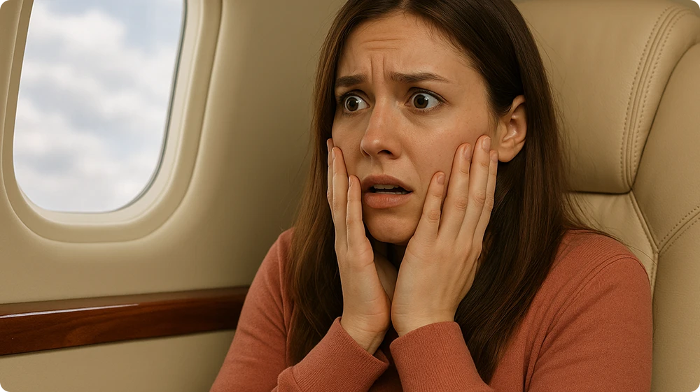 Nervous woman on a plane showing signs of aerophobia or fear of flying