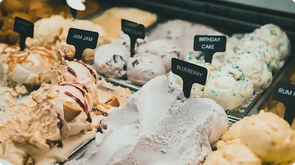 Colourful scoops of ice cream an example of artificially flavoured and coloured foods