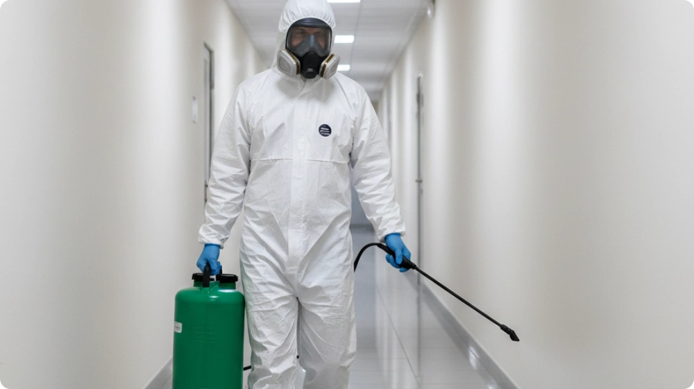Professional in protective suit spraying to remove or contain asbestos in a building hallway