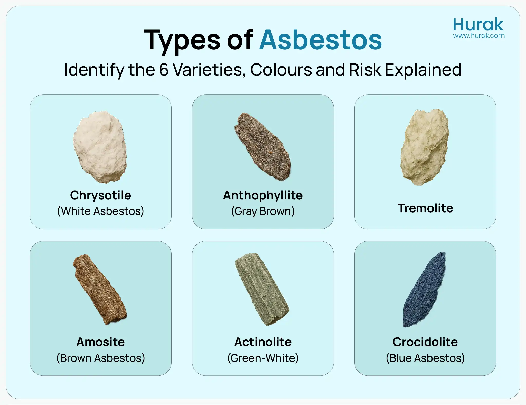 Six types of asbestos with realistic textures and colours: Chrysotile, Amosite, Crocidolite, Tremolite, Actinolite, and Anthophyllite.