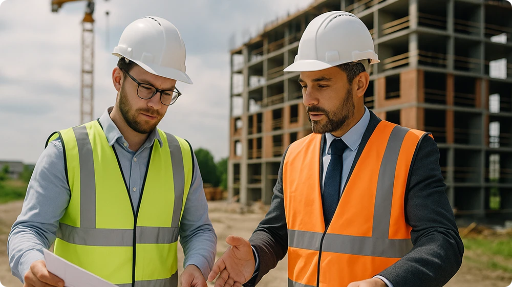 Two construction professionals in safety gear discussing site plans outdoors, symbolising planning and management roles in construction.