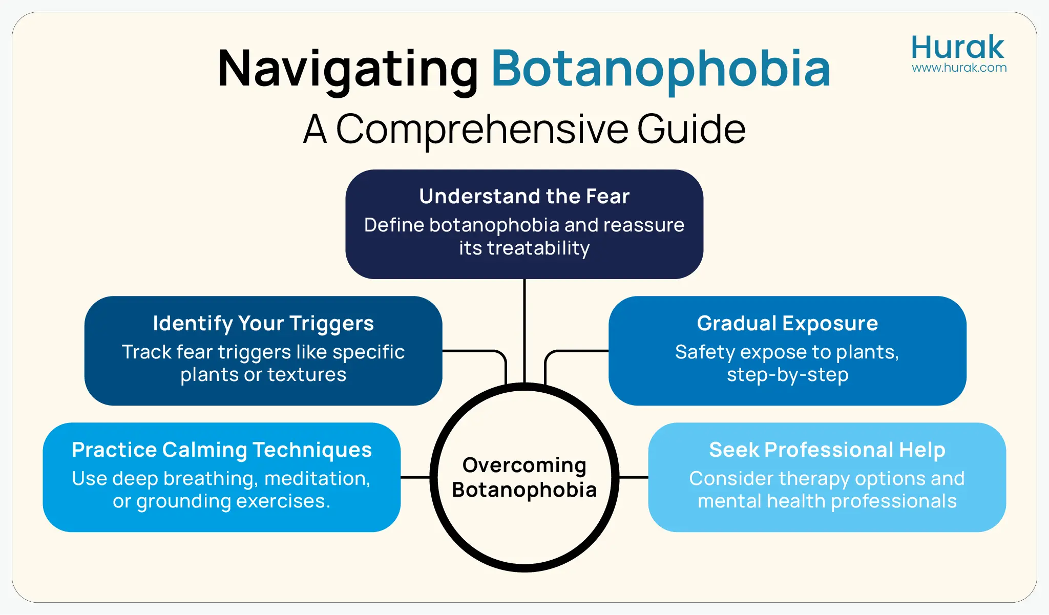 Infographic listing practical steps for reducing anxiety about plants and improving mental health