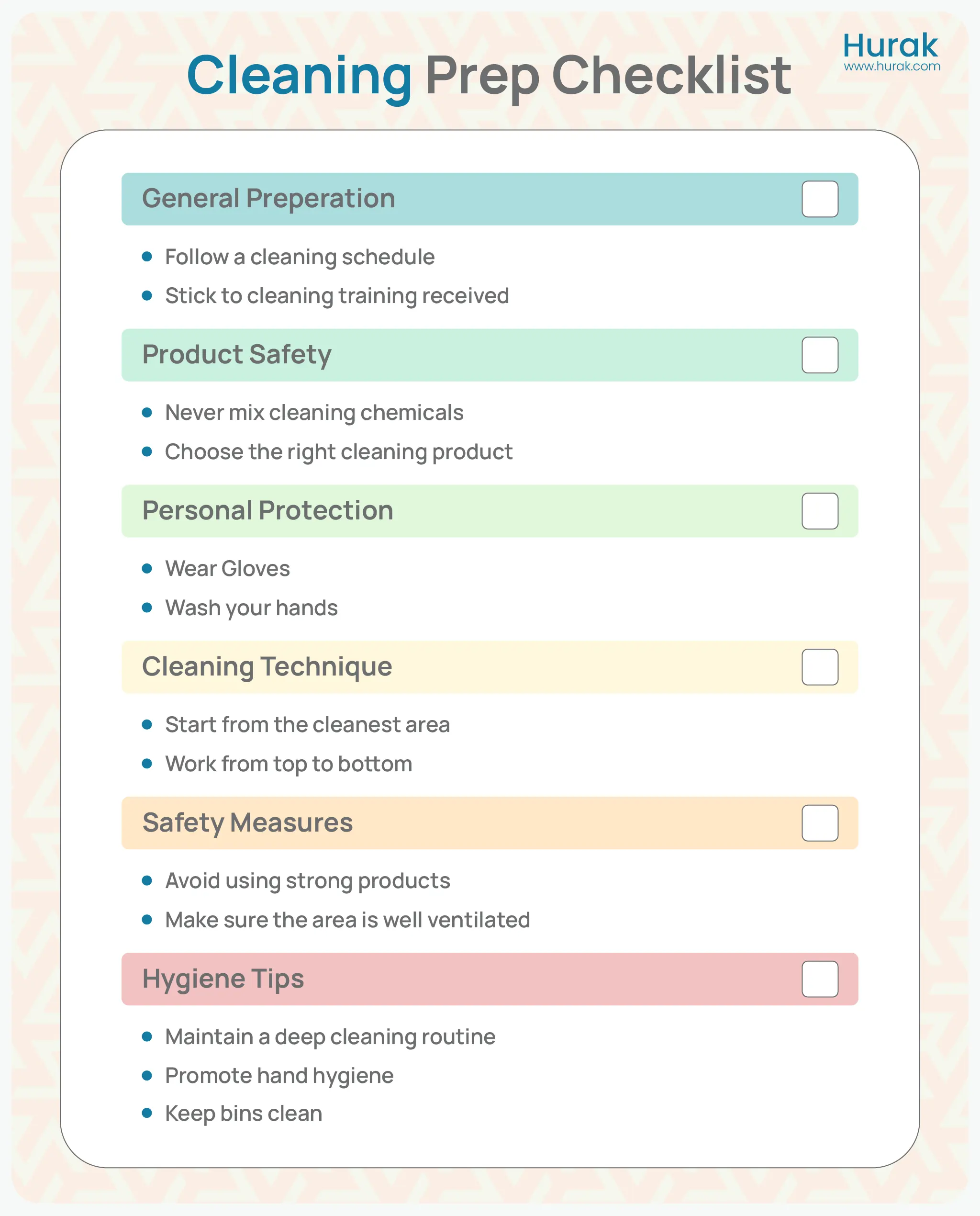 Cleaning Prep Checklist with six sections: General Preparation, Product Safety, Personal Protection, Cleaning Technique, Safety Measures, and Hygiene Tips