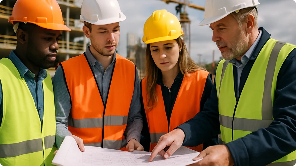 Construction manager in high-visibility jacket and hard hat reviewing blueprints with team on site, actively managing and coordinating tasks.