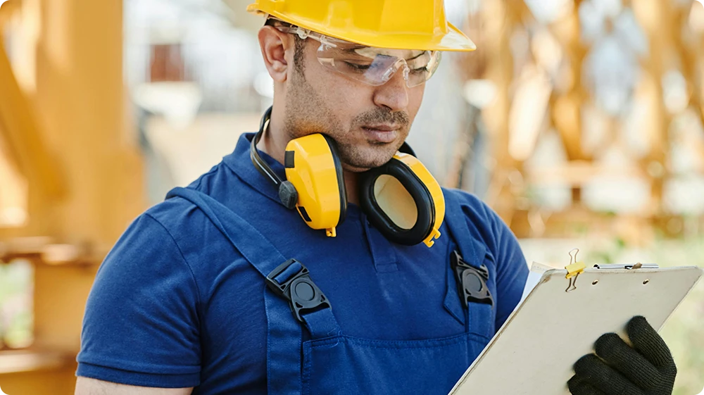 Construction site manager in hard hat holding clipboard representing Black CSCS Card holders in the UK
