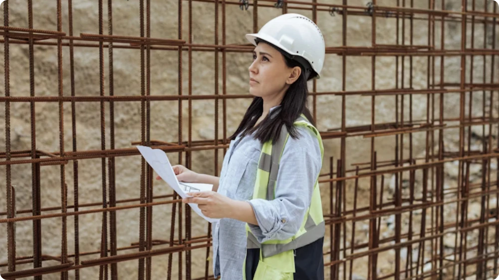 Female site manager inspecting construction plans at a building site with steel reinforcements