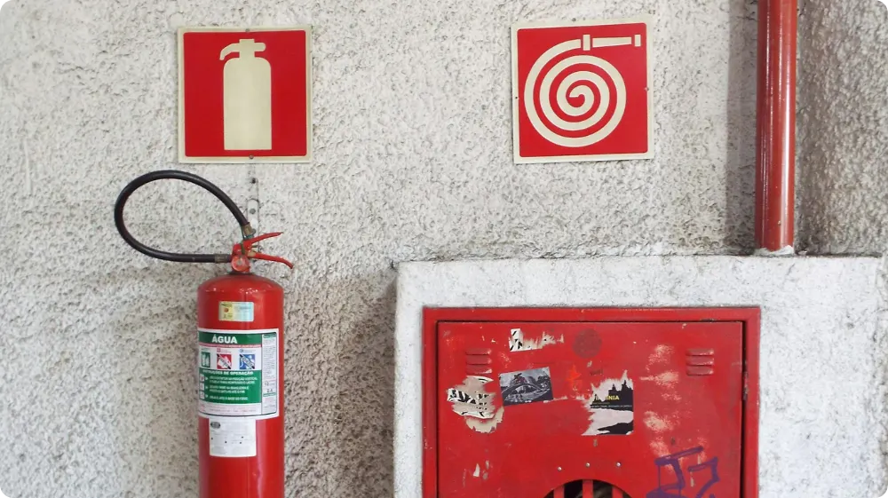 Fire extinguisher and fire hose reel signs on a concrete wall with a visible fire extinguisher and hose cabinet.