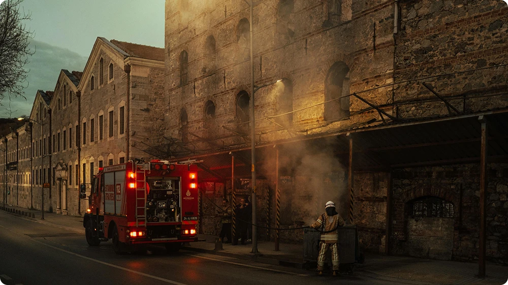 Firefighter managing a smoking bin outside an old industrial stone building at dusk, with a fire engine parked on the street during an emergency call-out.