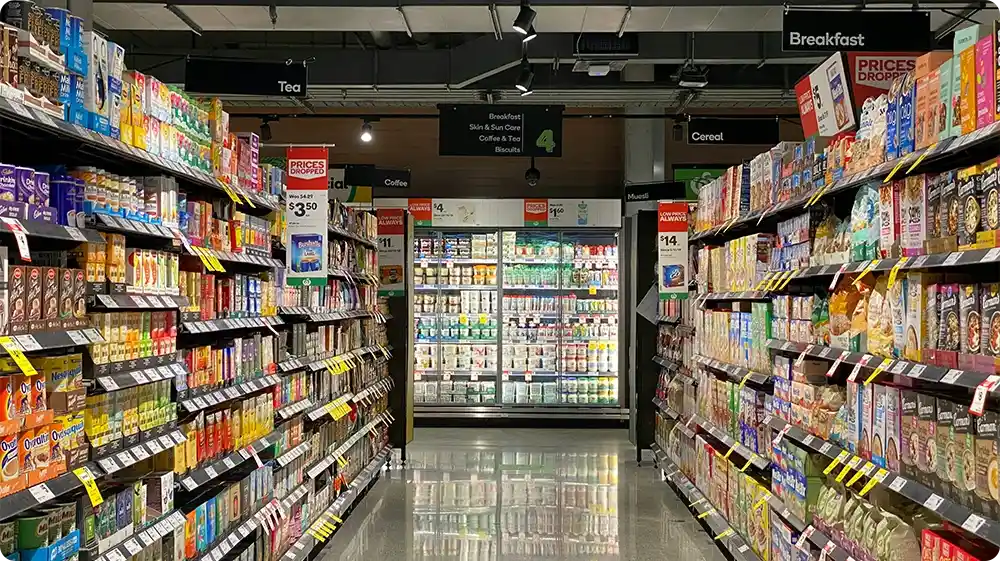 How to defrost a freezer in a commercial setting showing organised freezer aisles with properly stored food after defrosting