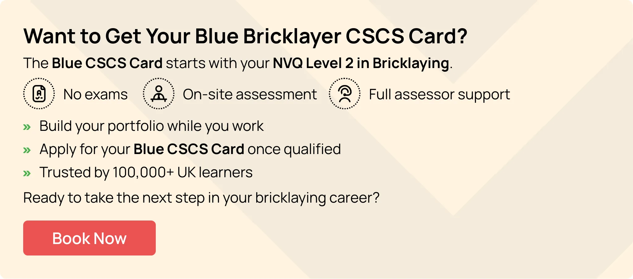 Hurak call-to-action banner encouraging bricklayers to book their NVQ Level 2 in Bricklaying to qualify for the Blue CSCS Card