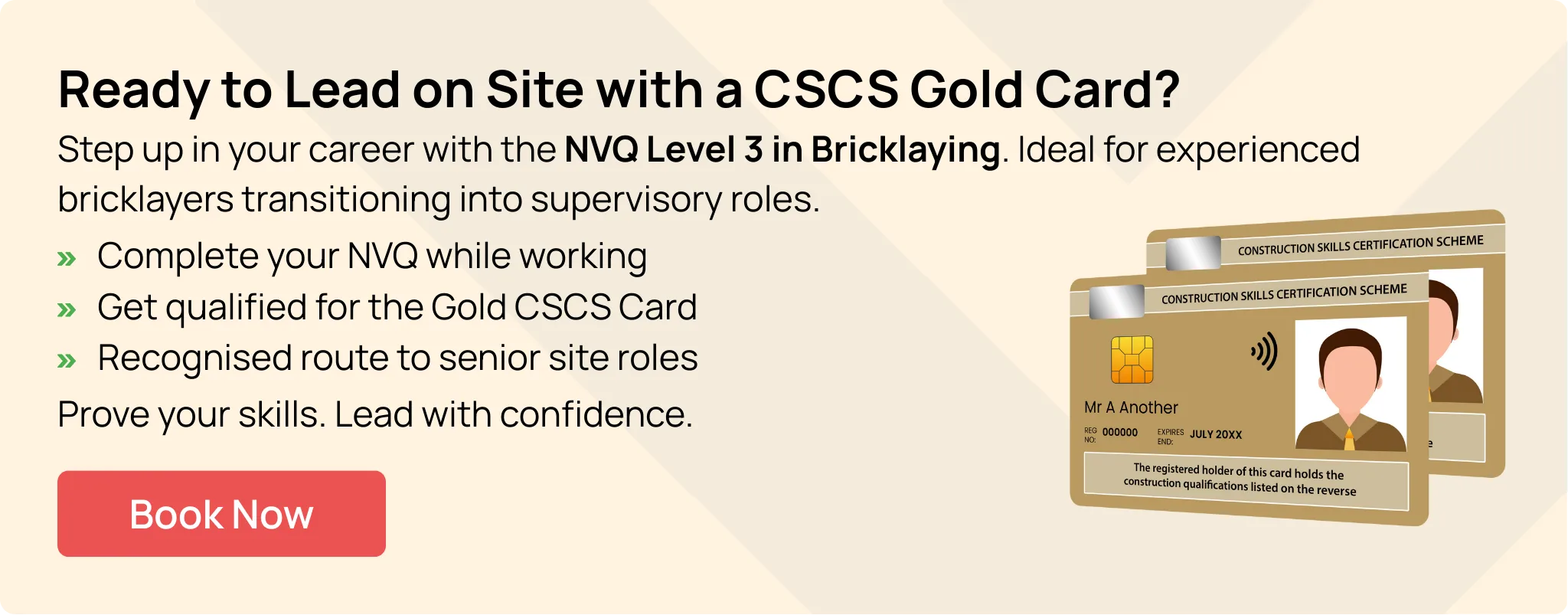Hurak call-to-action banner encouraging bricklayers to book their NVQ Level 3 in Bricklaying to qualify for the Gold CSCS Card