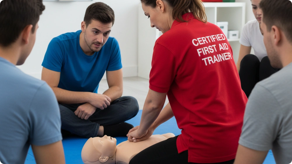 Practitioner giving CPR to a baby mannequin in a paediatric first aid class
