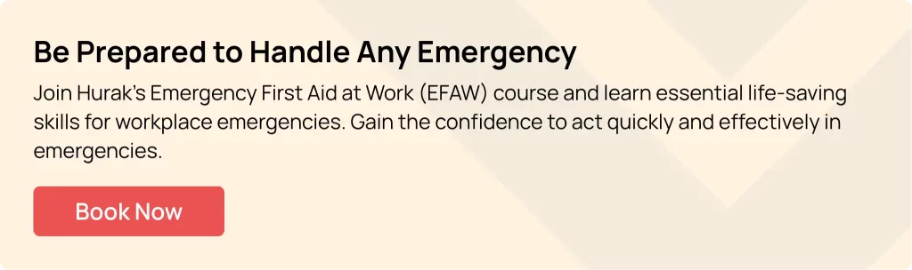 Banner promoting Huraks Emergency First Aid at Work (EFAW) course, learn life-saving skills for workplace emergencies