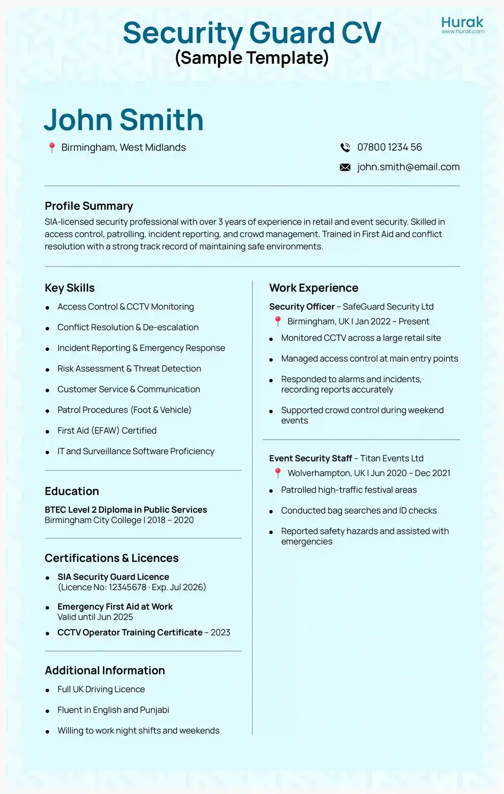 Hurak Security CV sample infographic � example layout for UK security guard CV
