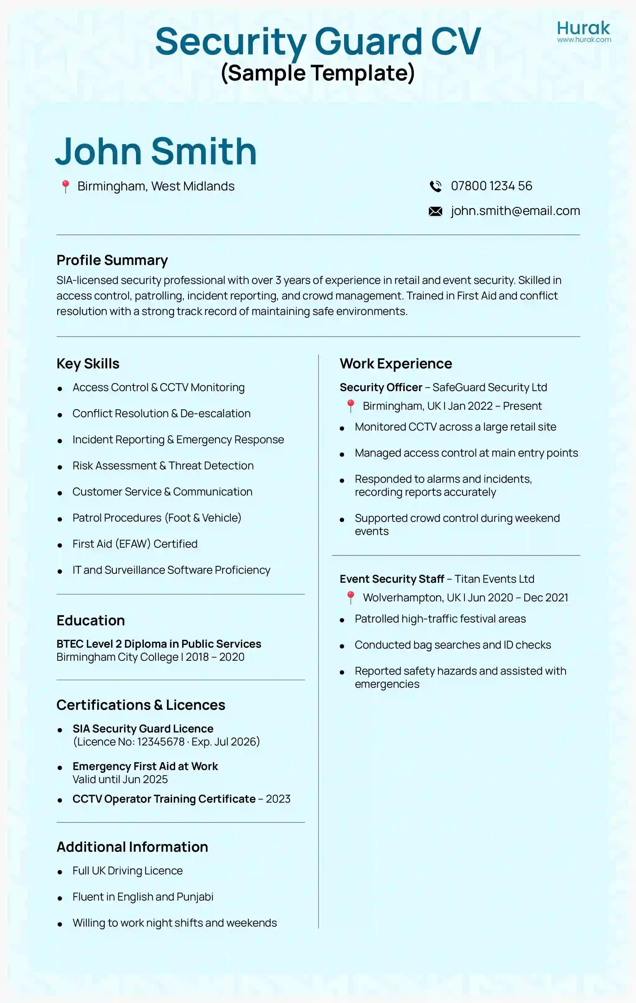 Hurak Security CV sample infographic – example layout for UK security guard CV