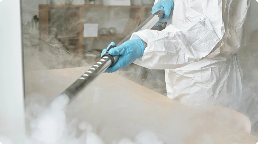 Pest control professional in protective gear disinfecting a contaminated workspace to prevent insect infestation