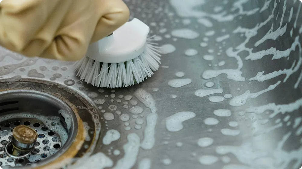 Stage 2 of cleaning process: scrubbing stainless steel sink to remove grease, grime, and food residue