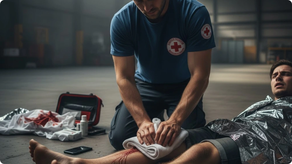 A rescuer man applying direct pressure to control intense bleeding during the first aid of a casualty.
