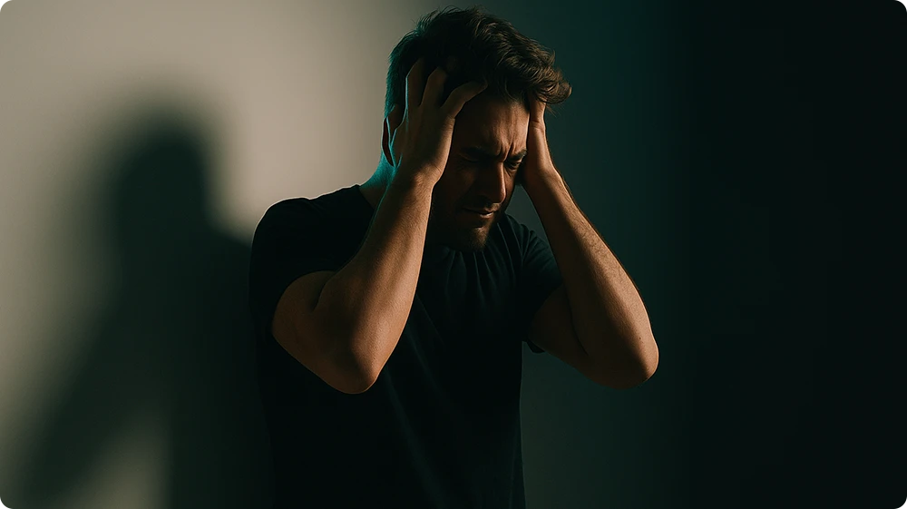 A man holding his head in distress, visually representing emotional or mental health struggles
