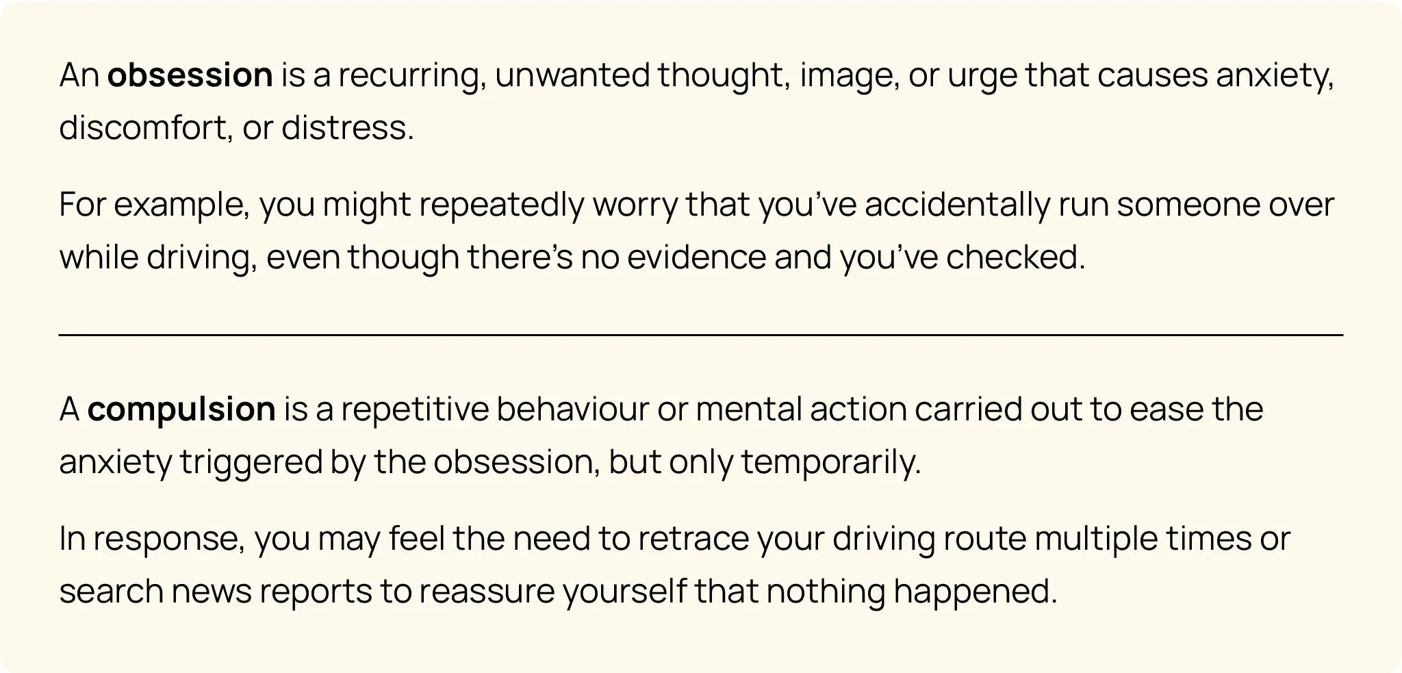Definition and example of OCD obsession and compulsion, featuring a fear of accidentally harming someone while driving.