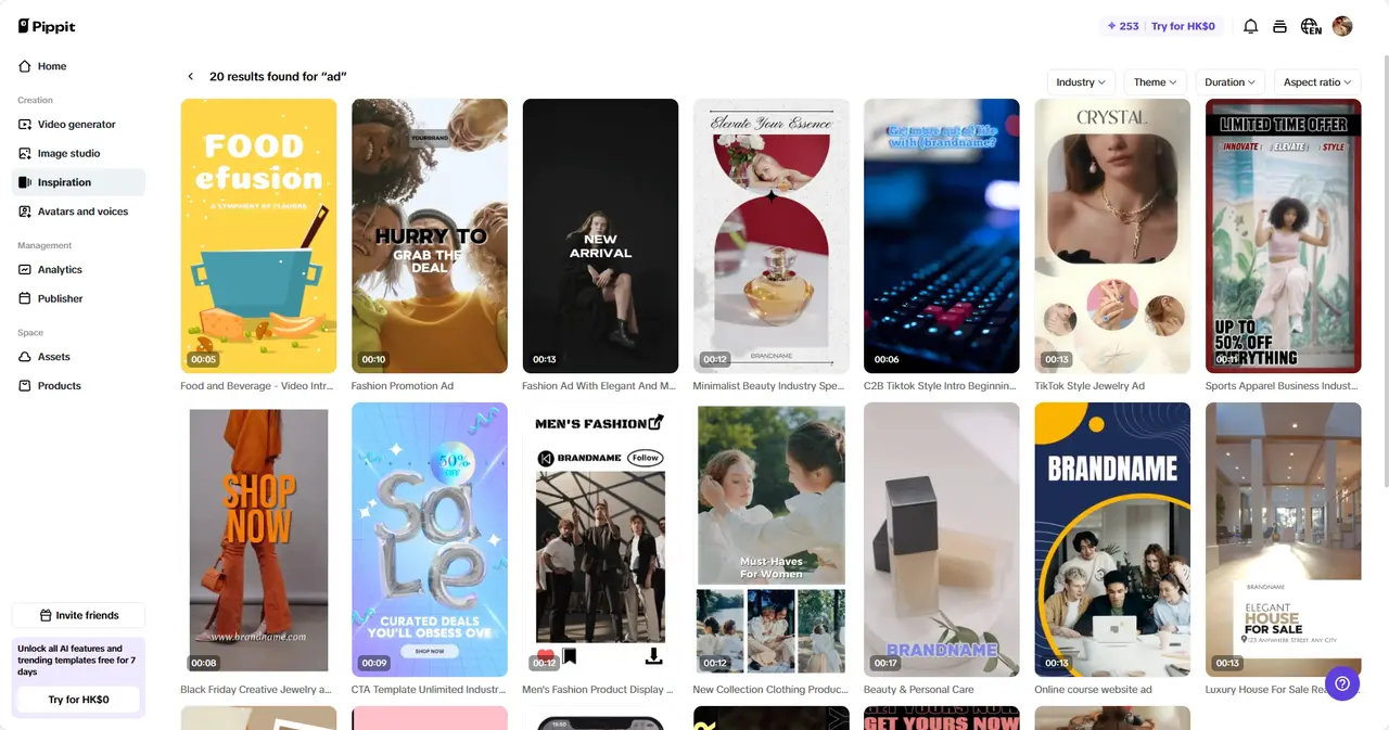 A screenshot of the Pippit platform showing a dashboard of various advertisement templates, including fashion, food, beauty and online courses.