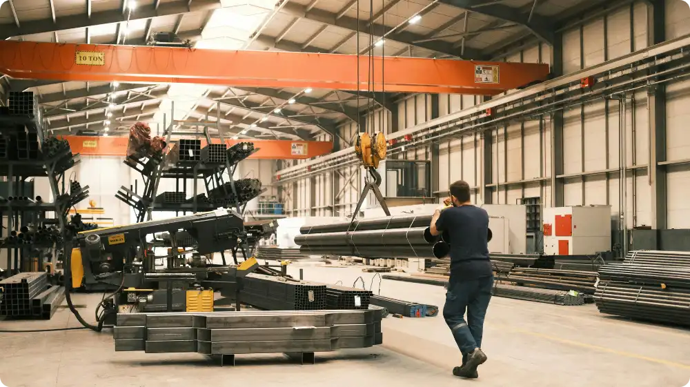 Worker guiding steel pipes lifted by an overhead crane in a factory setting