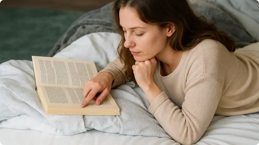 A woman reading a book in bed, illustrating the benefits of reading for mental health, memory, and brain function.