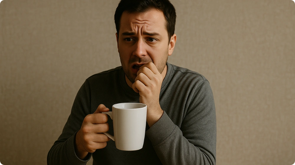 Person experiencing fear of swallowing while drinking