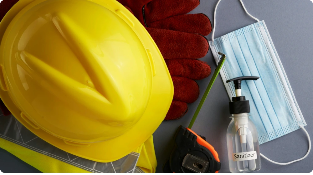 Image showcasing a worker's safety measures - PPE vest, helmet, gloves, masks,a sanitiser and a measuring tape used at a construction site