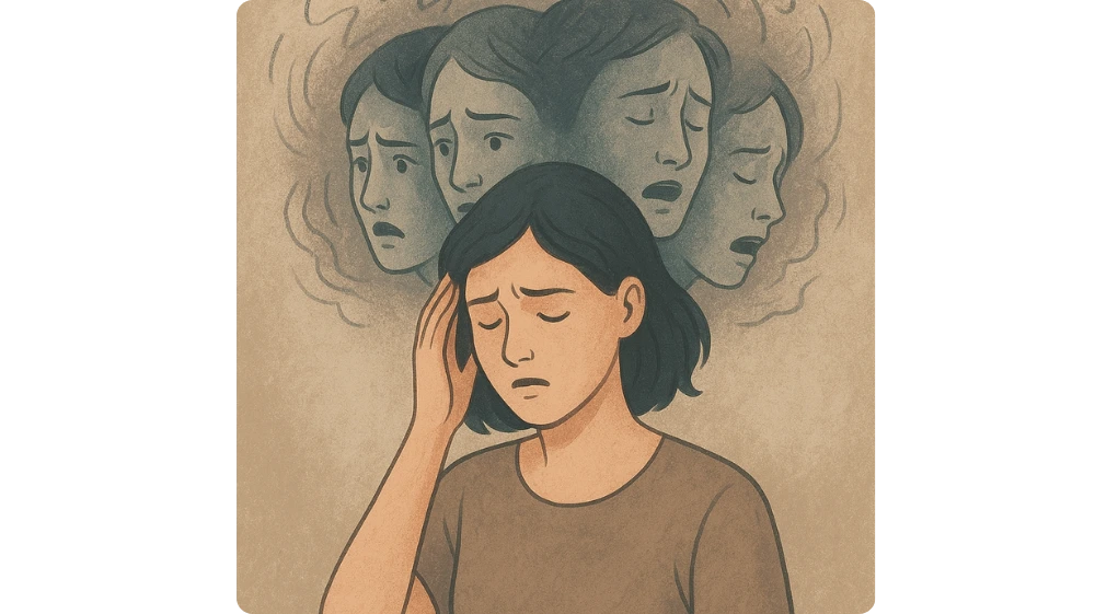 Illustration of a person overwhelmed by schizophrenic symptoms.
