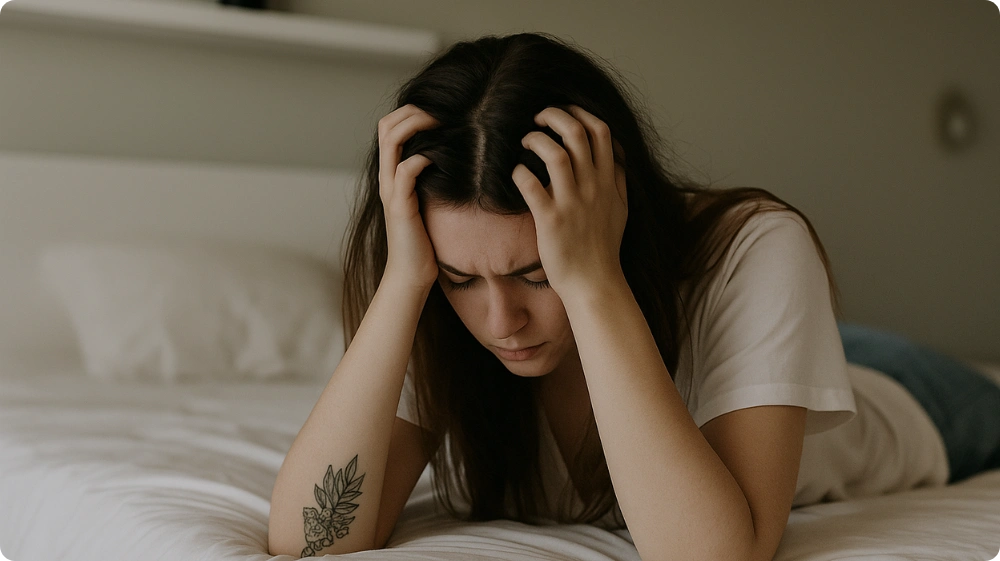  woman holding her head showing signs of selective abstraction