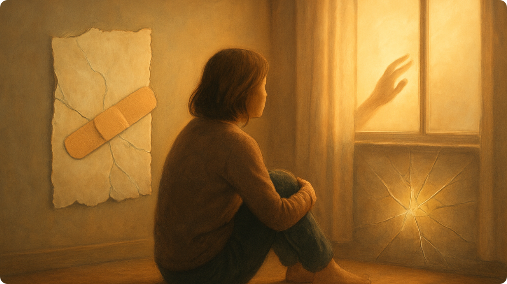 A person sitting alone in a softly lit room, looking toward sunlight through a window, symbolising hope and recovery from self-harm
