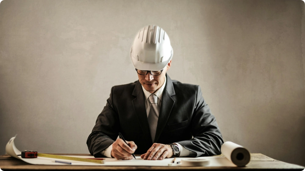 Construction manager reviewing plans on-site.