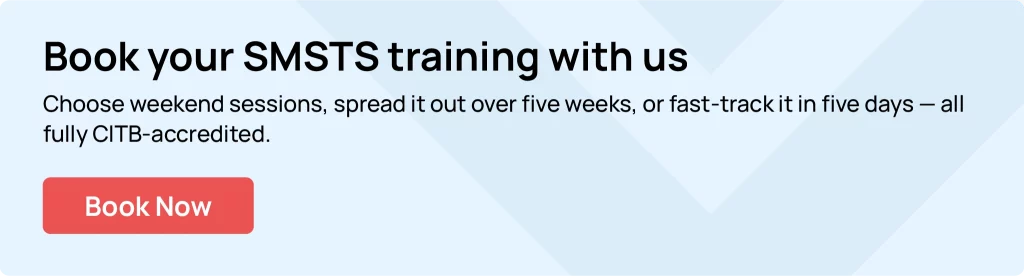 Call to action banner promoting SMSTS training book weekend, 5-day fast track, or 5-week spread-out options with full CITB accreditation