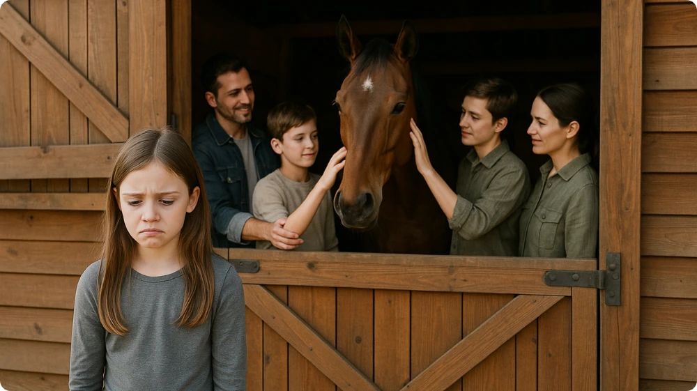 A young woman stands alone outside a stable, while other people are inside patting a large brown horse 