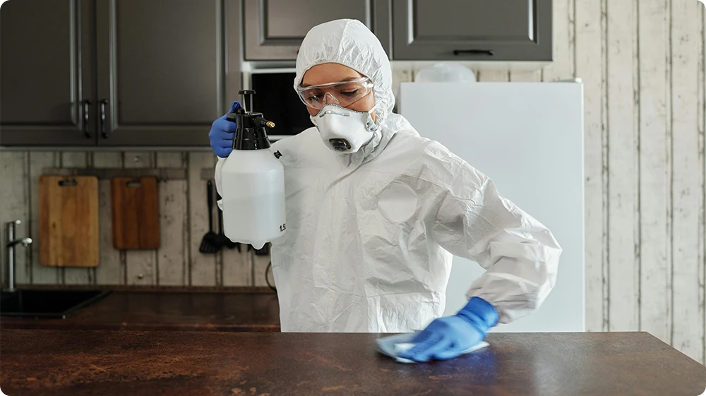 A person in full protective gear disinfecting a kitchen surface during the final rinse stage of cleaning