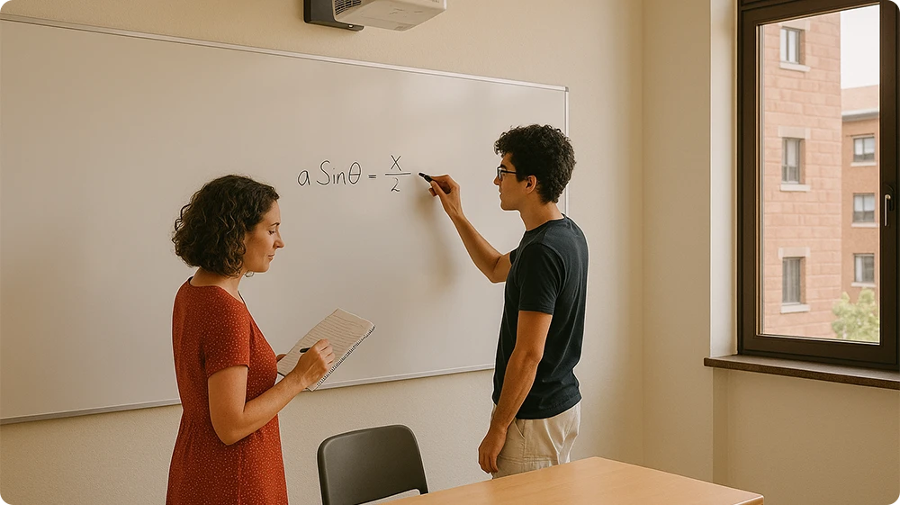 A teacher and teaching assistant collaborate in a classroom, solving a math problem on a whiteboard under a ceiling projector, with natural light coming from a large window.