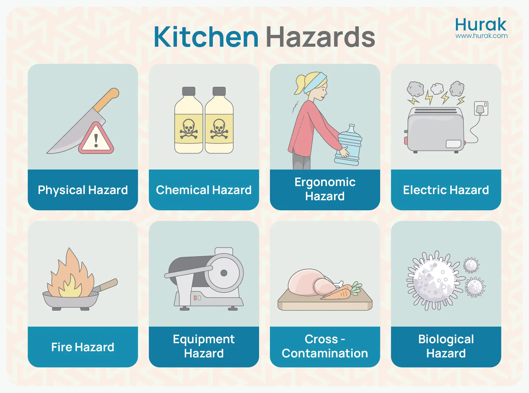 Illustration of 8 types of kitchen hazards - physical, chemical, ergonomic, electrical, fire, equipment, cross-contamination, and biological