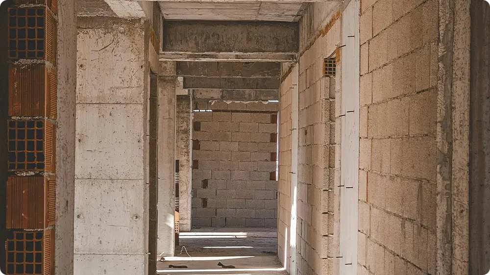 Unfinished concrete corridor at a building site under construction