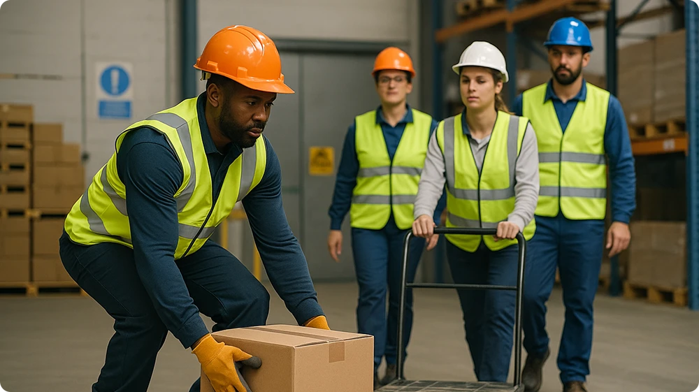  Warehouse workers in high-visibility PPE are demonstrating safe manual handling. One worker lifts a box using proper technique while three others assist with a trolley and observe in the background.