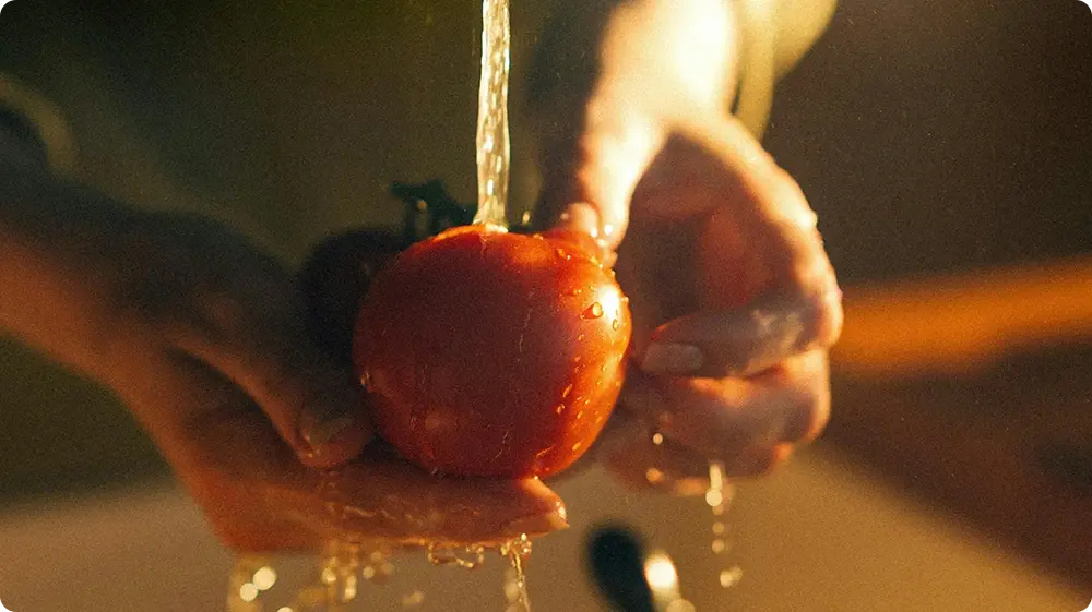 Person washing a fresh tomato under running water in a kitchen sink as part of proper cleaning practices under the 4Cs of food safety