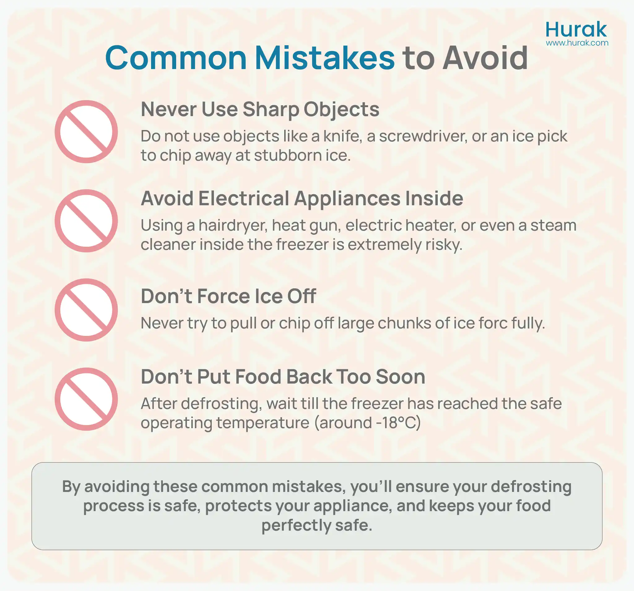 Infographic showing common mistakes to avoid when defrosting a freezer, including sharp tools, electrical appliances, forcing ice, and refilling too early.