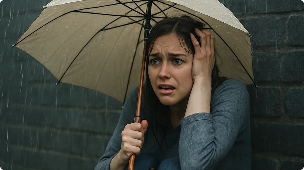 Young woman with ombrophobia crouching under an umbrella in heavy rain, looking anxious and fearful.