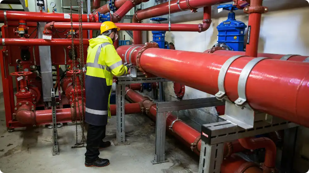A worker inspects red pipes in a mechanical room, wearing a yellow safety helmet and a reflective jacket.