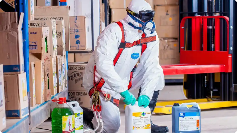 A worker in a full protective suit and respirator performing maintenance in an industrial setting with yellow gas valves.