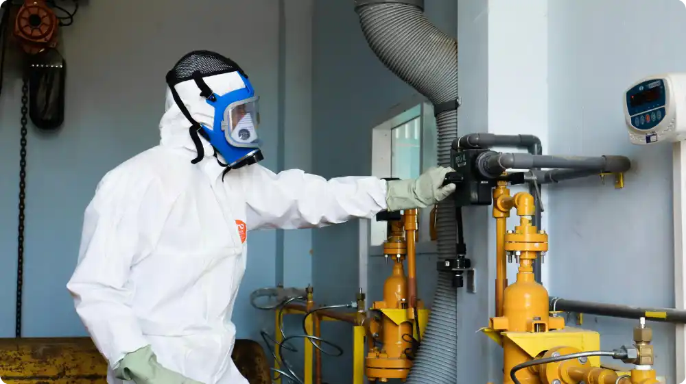 A worker in a full protective suit and respirator performing maintenance in an industrial setting with yellow gas valves.