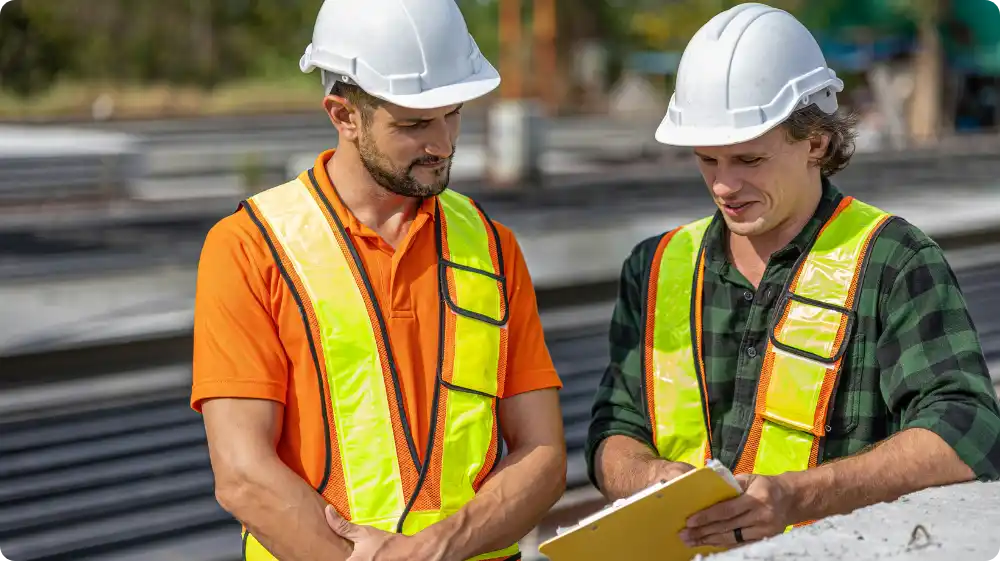 Two construction site workers assess the risks and hazards they have identified at the workplace for a better and safer working environment.