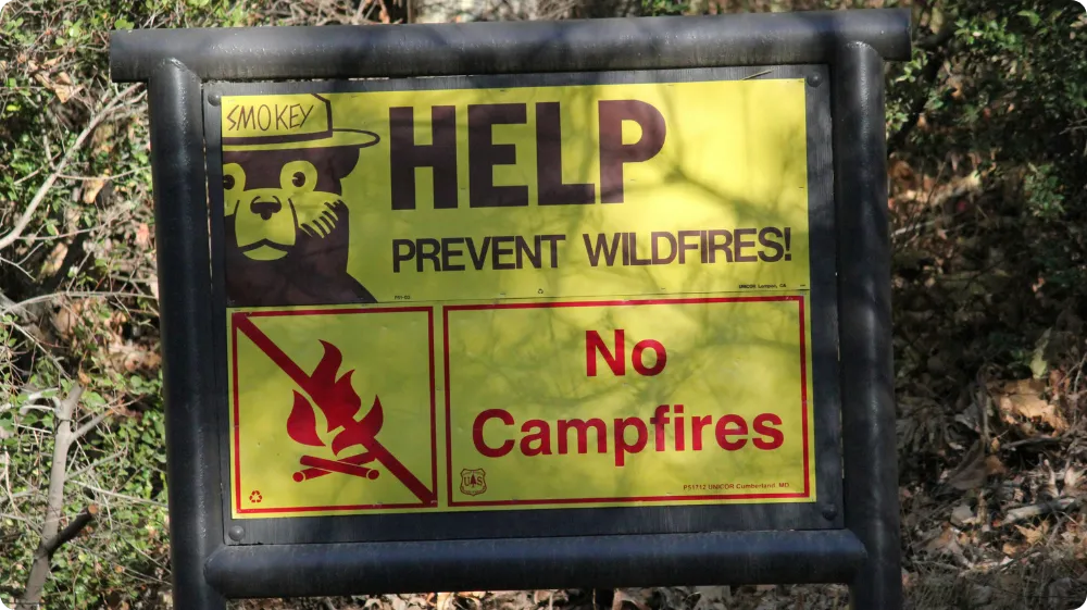 Smokey the Bear 'Help Prevent Wildfires' sign with a 'No Campfires' message and fire symbol. 